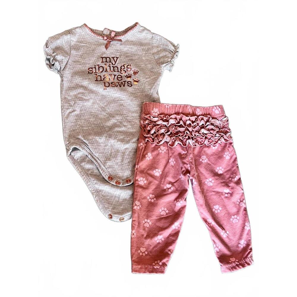 Tahari Baby Girl Pet Love Outfit "siblings have paws" Rufflebutt Pants+top, 6-9m